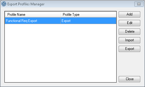DOORS Export Profiles Manager dialog DOORS Export Profiles Manager dialog