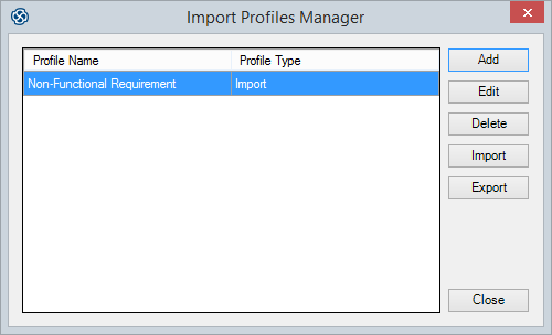 The Import Profiles Manager ddialog in Sparx Systems Enterprise Architect. The Import Profiles Manager ddialog in Sparx Systems Enterprise Architect.