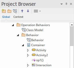 A screenshot from Sparx Systems Enterprise Architect showing a UML Class element that owns an Operation in the Project Browser. A screenshot from Sparx Systems Enterprise Architect showing a UML Class element that owns an Operation in the Project Browser.