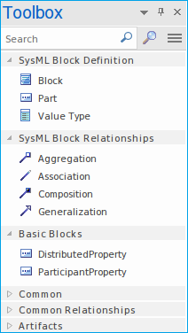 Showing a reduced diagram toolbox as defined by an applied metamodel, in SParx Systems Enterprise Architect. Showing a reduced diagram toolbox as defined by an applied metamodel, in SParx Systems Enterprise Architect.