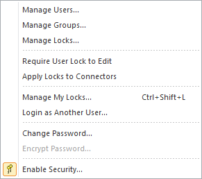 Security menu in Sparx Systems Enterprise Architect. Security menu in Sparx Systems Enterprise Architect.